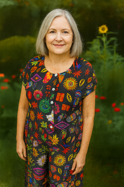 Woman wearing a colorful patterned outfit standing in a garden with flowers and greenery.