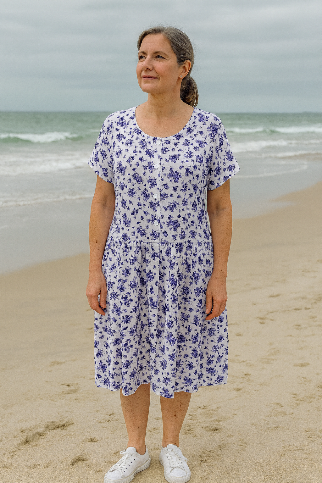 Blue Flower Drop Waist Dress with Short Sleeve