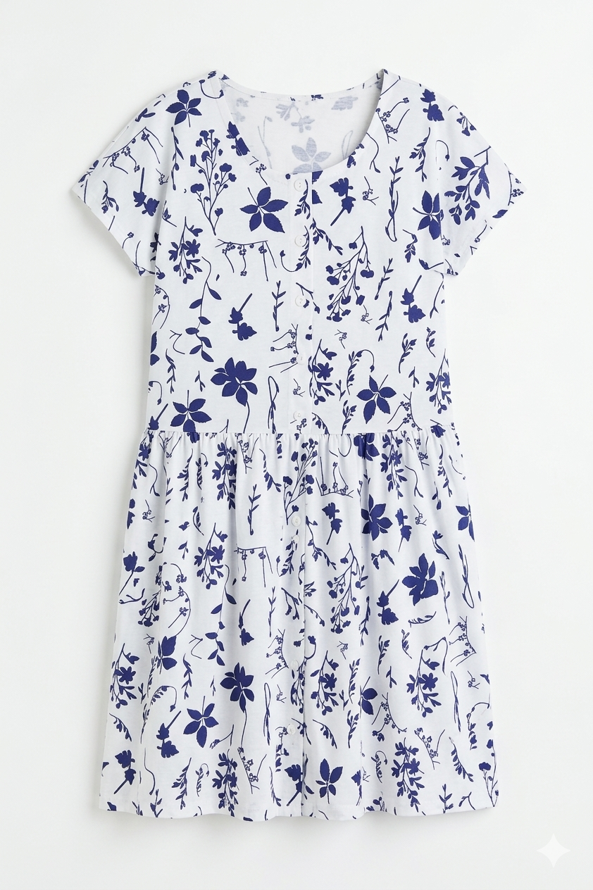 Blue Petal Drop Waist Dress with Short Sleeve
