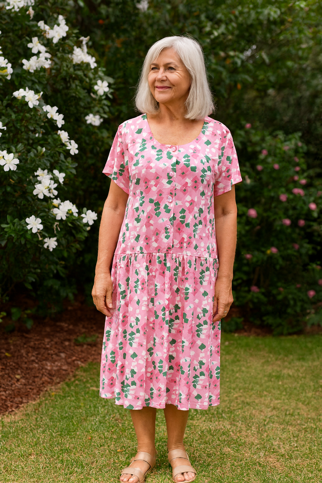 Pink Mosaic Drop Waist Dress with Short Sleeve