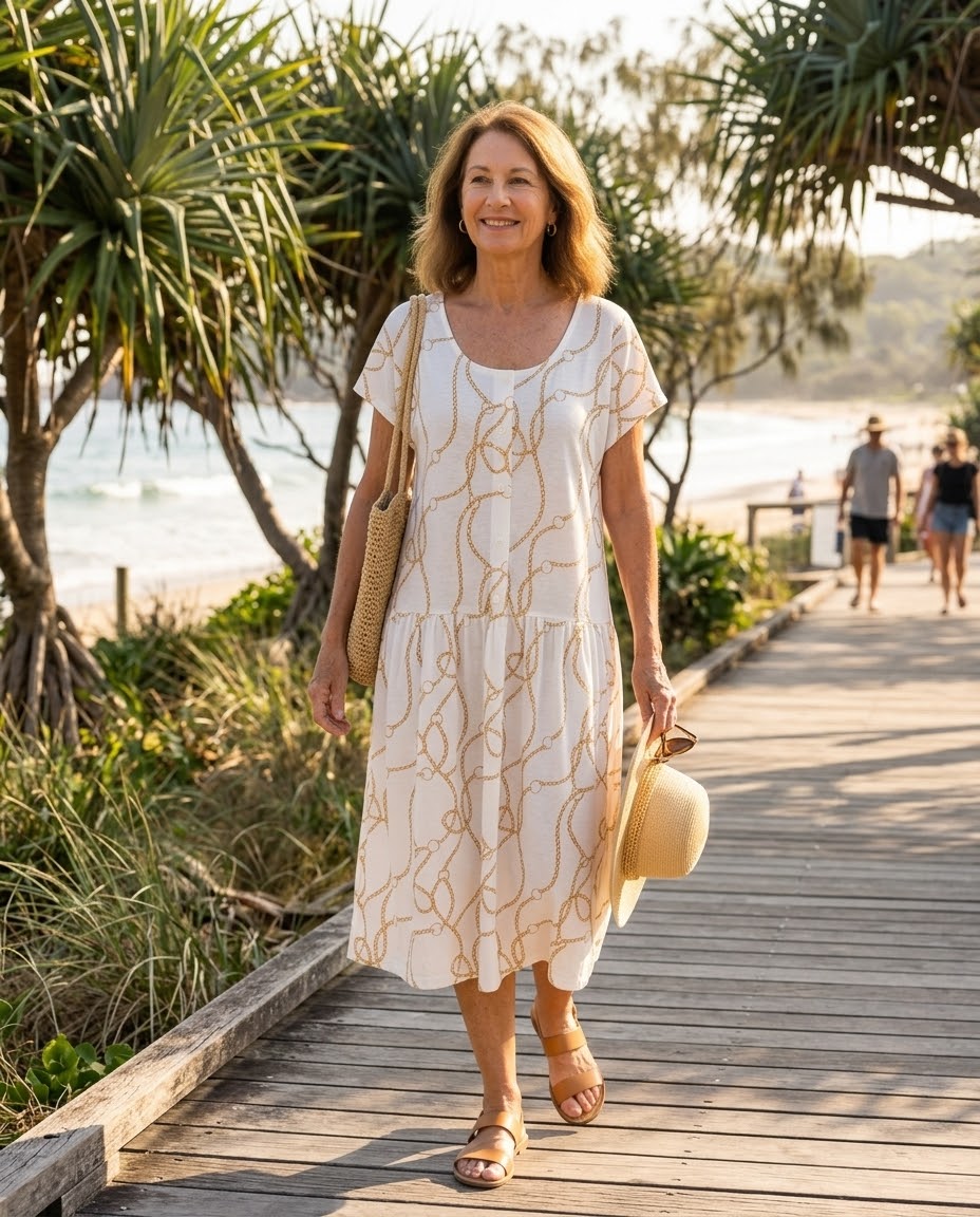 Gold Portofino Drop Waist Dress with Short Sleeve