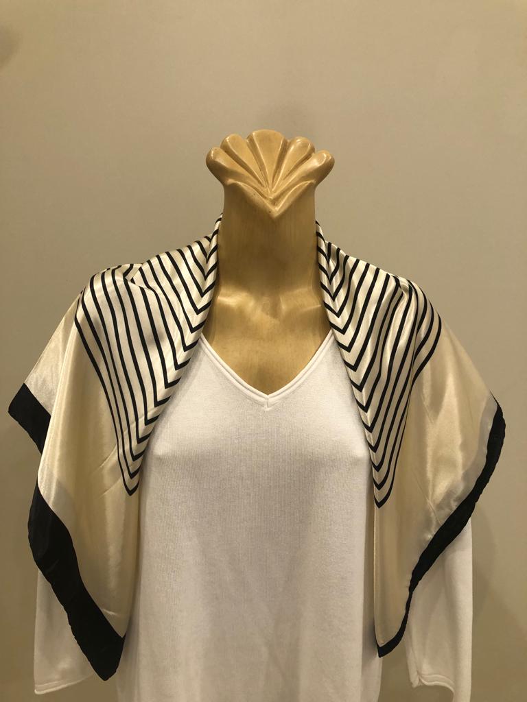 EOEO Cream and Black Geometric Stripe Silk Scarf