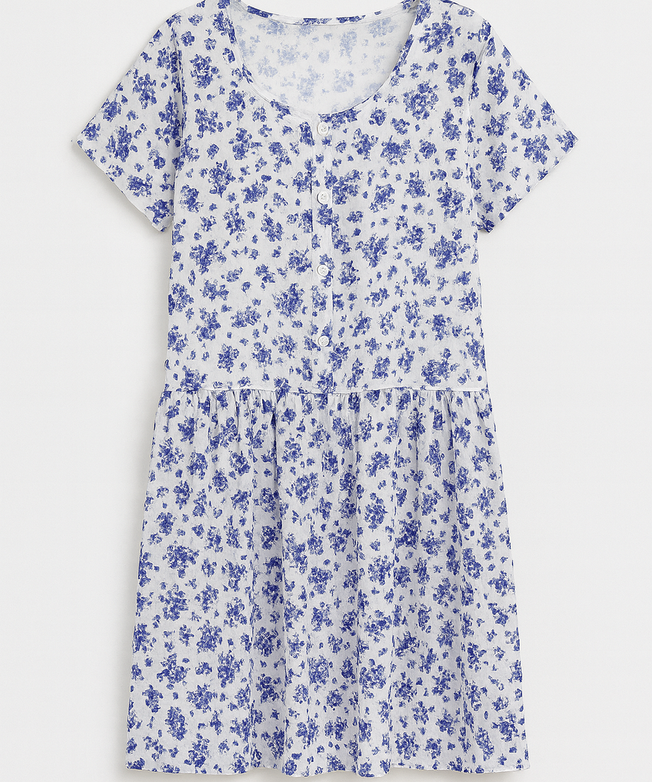 Blue Flower Drop Waist Dress with Short Sleeve