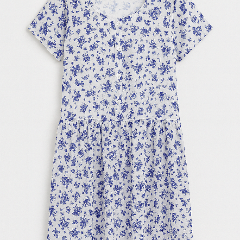 Blue Flower Drop Waist Dress with Short Sleeve