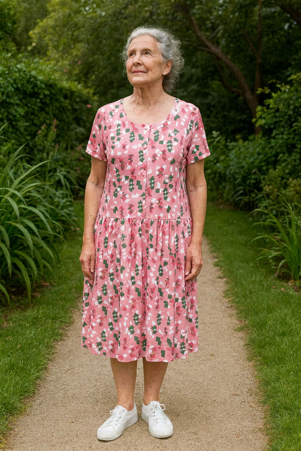 Pink Mosaic Drop Waist Dress with Short Sleeve