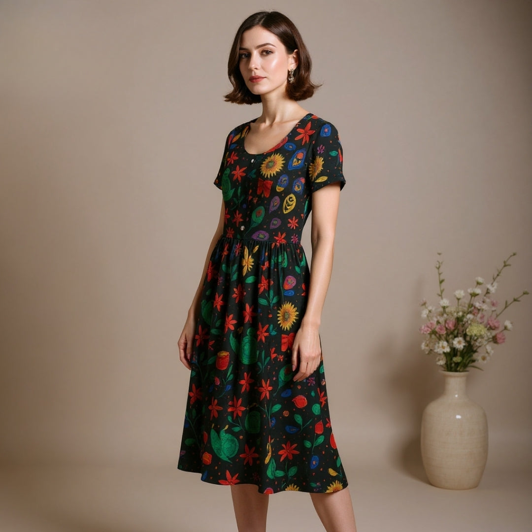 Tropical Garden Drop Waist Dress with Short Sleeve