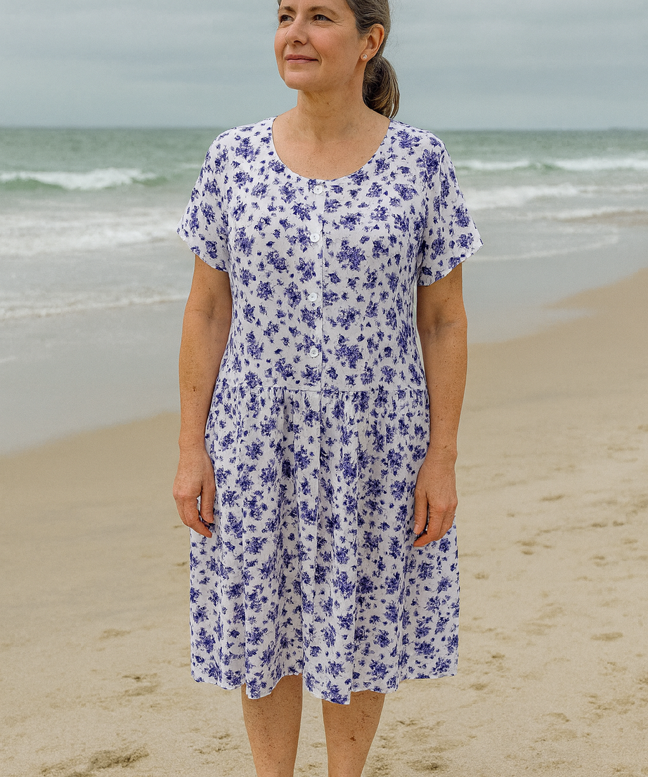 Blue Flower Drop Waist Dress with Short Sleeve