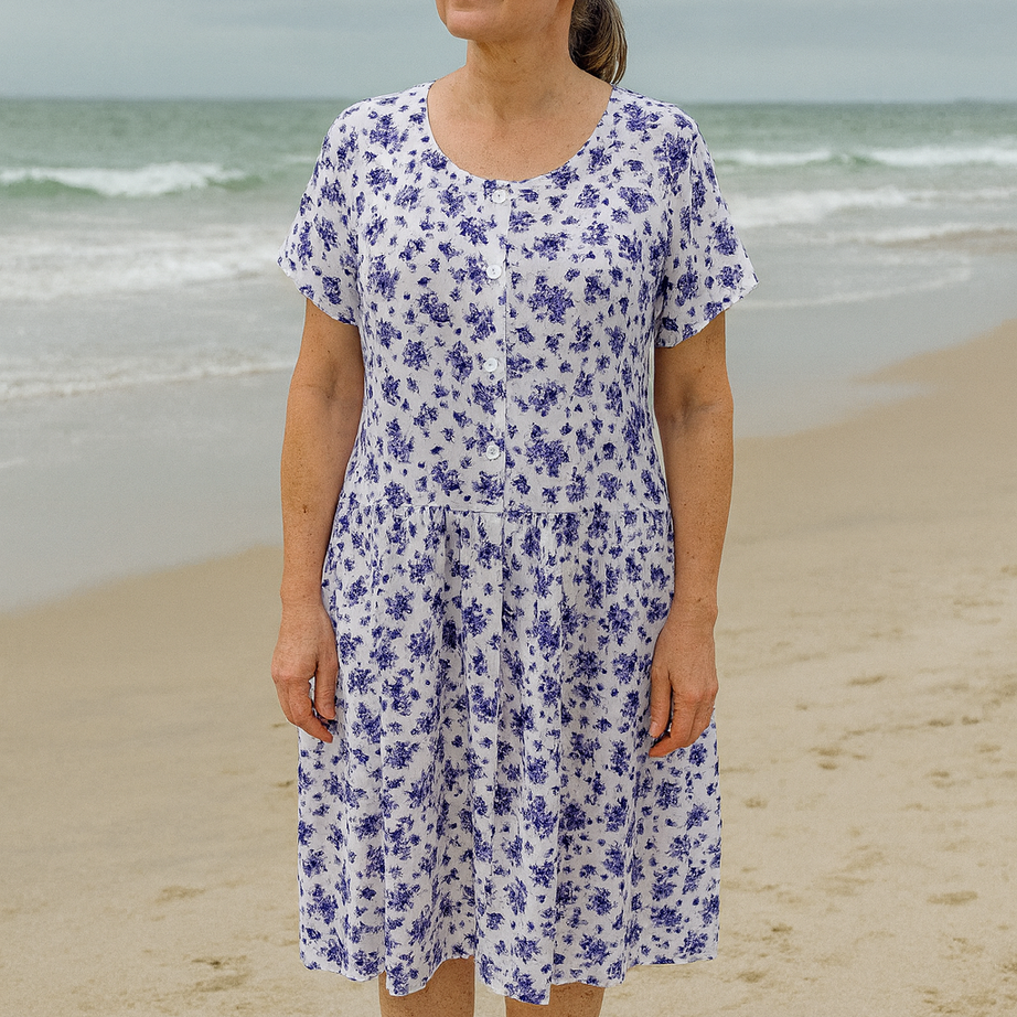Blue Flower Drop Waist Dress with Short Sleeve