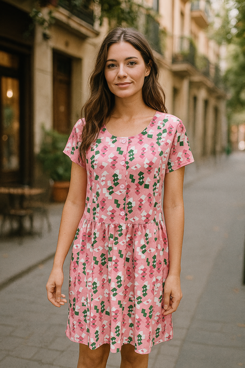 Pink Mosaic Drop Waist Dress with Short Sleeve
