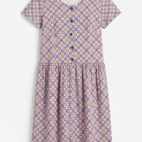 Purple Bouquet Drop Waist Dress with Short Sleeve