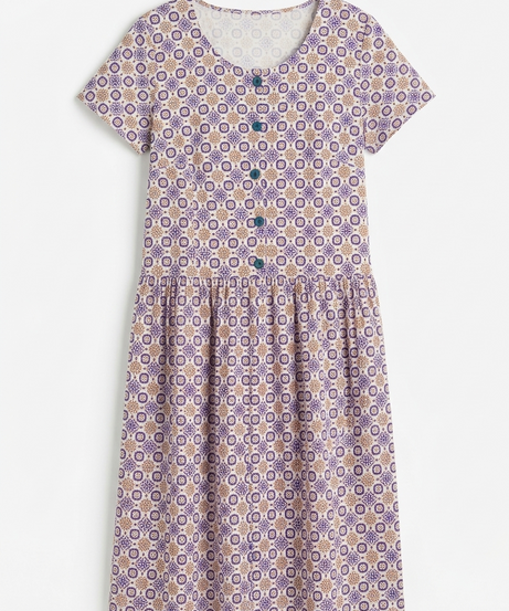 Purple Bouquet Drop Waist Dress with Short Sleeve