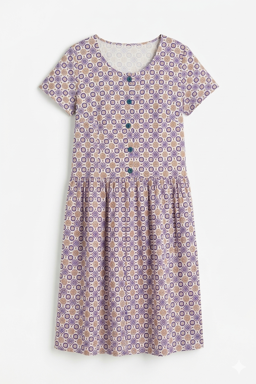 Purple Bouquet Drop Waist Dress with Short Sleeve