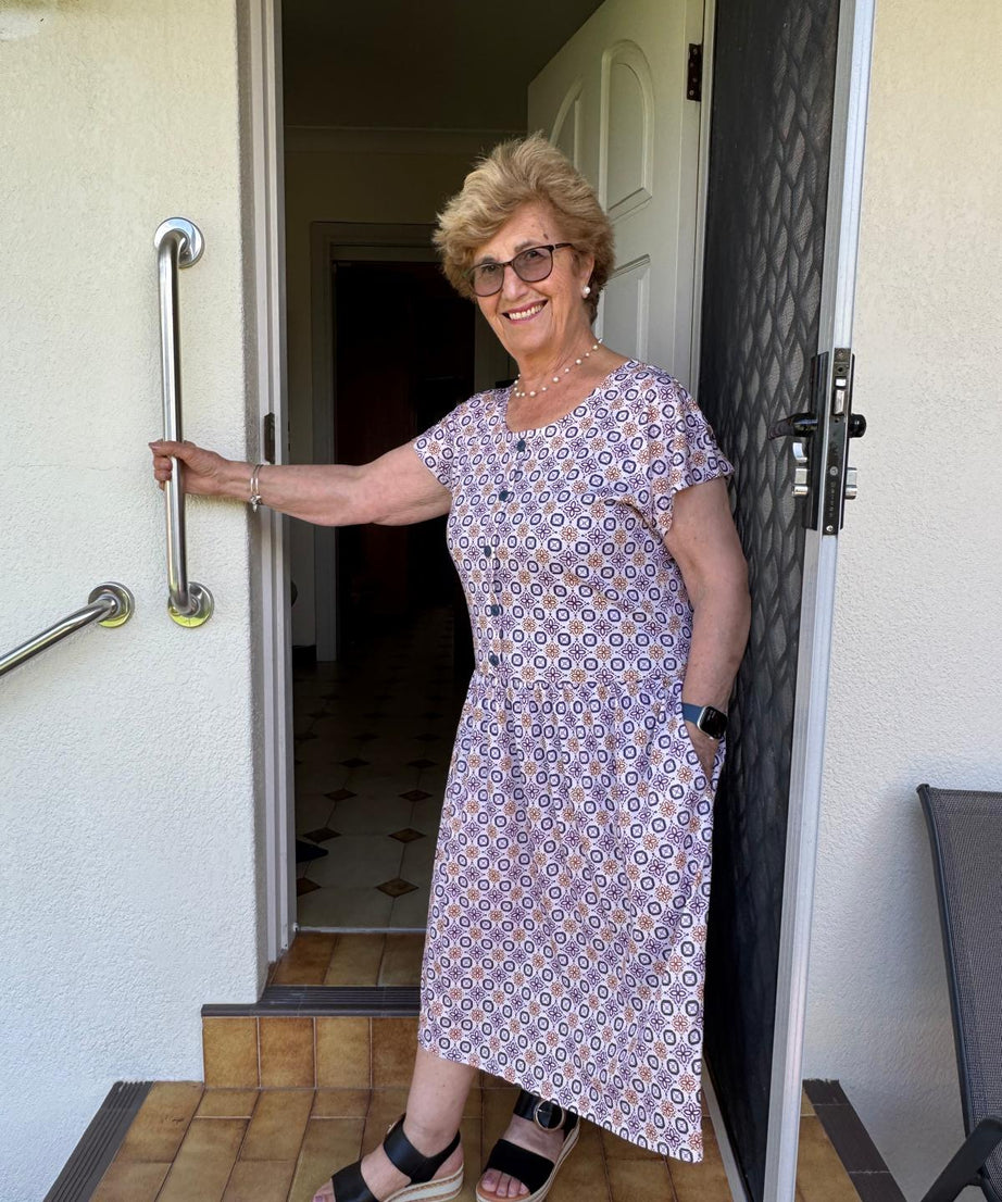 Purple Bouquet Drop Waist Dress with Short Sleeve