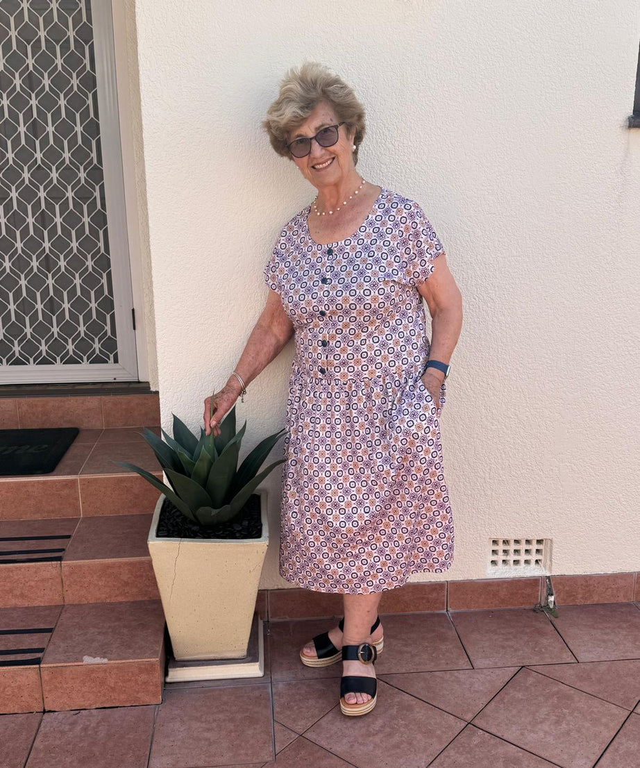 Purple Bouquet Drop Waist Dress with Short Sleeve