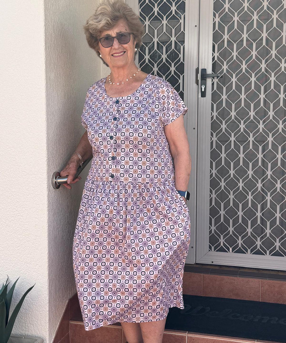 Purple Bouquet Drop Waist Dress with Short Sleeve