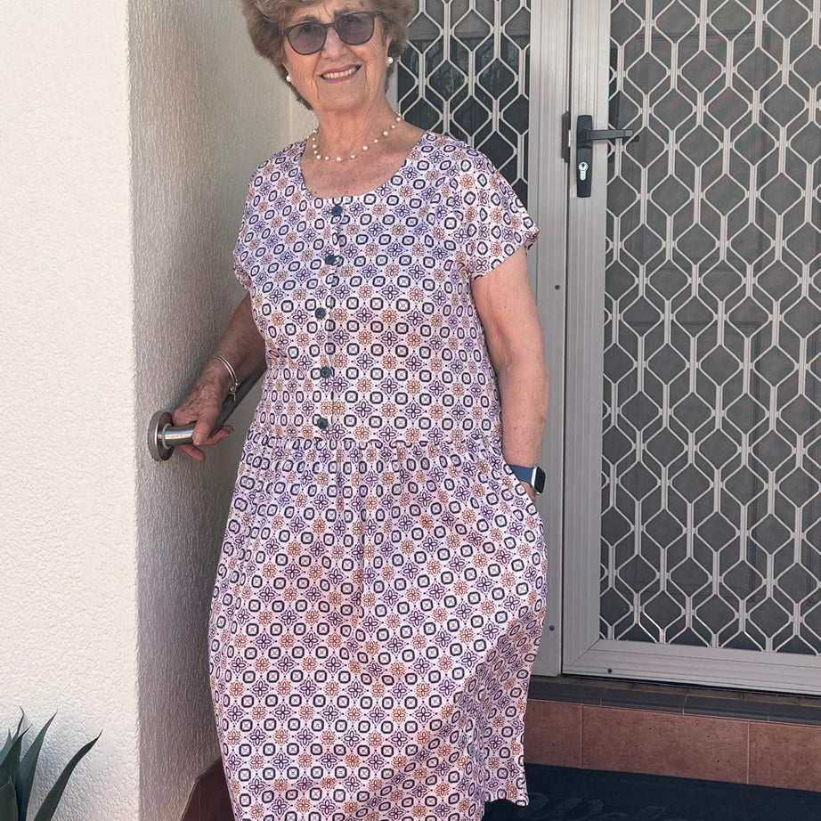Purple Bouquet Drop Waist Dress with Short Sleeve