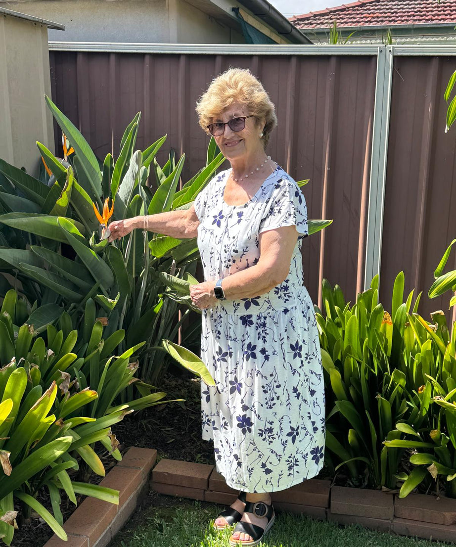 Blue Petal Drop Waist Dress with Short Sleeve