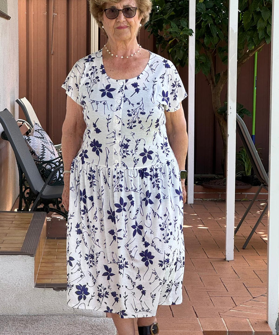 Blue Petal Drop Waist Dress with Short Sleeve