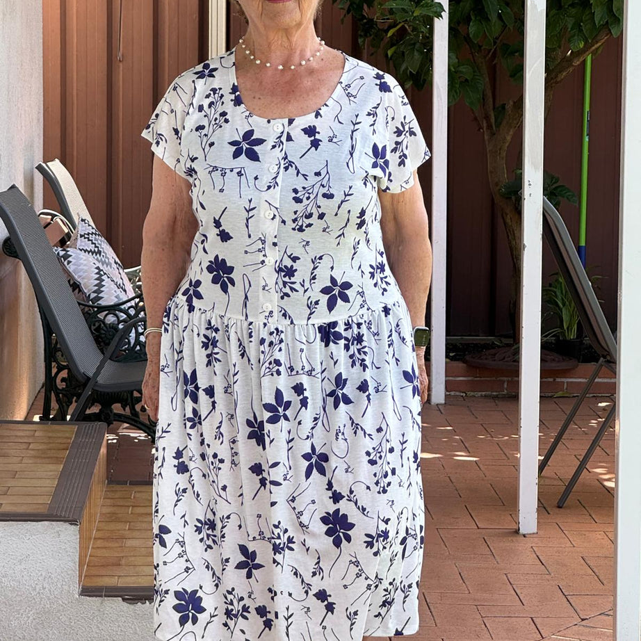 Blue Petal Drop Waist Dress with Short Sleeve