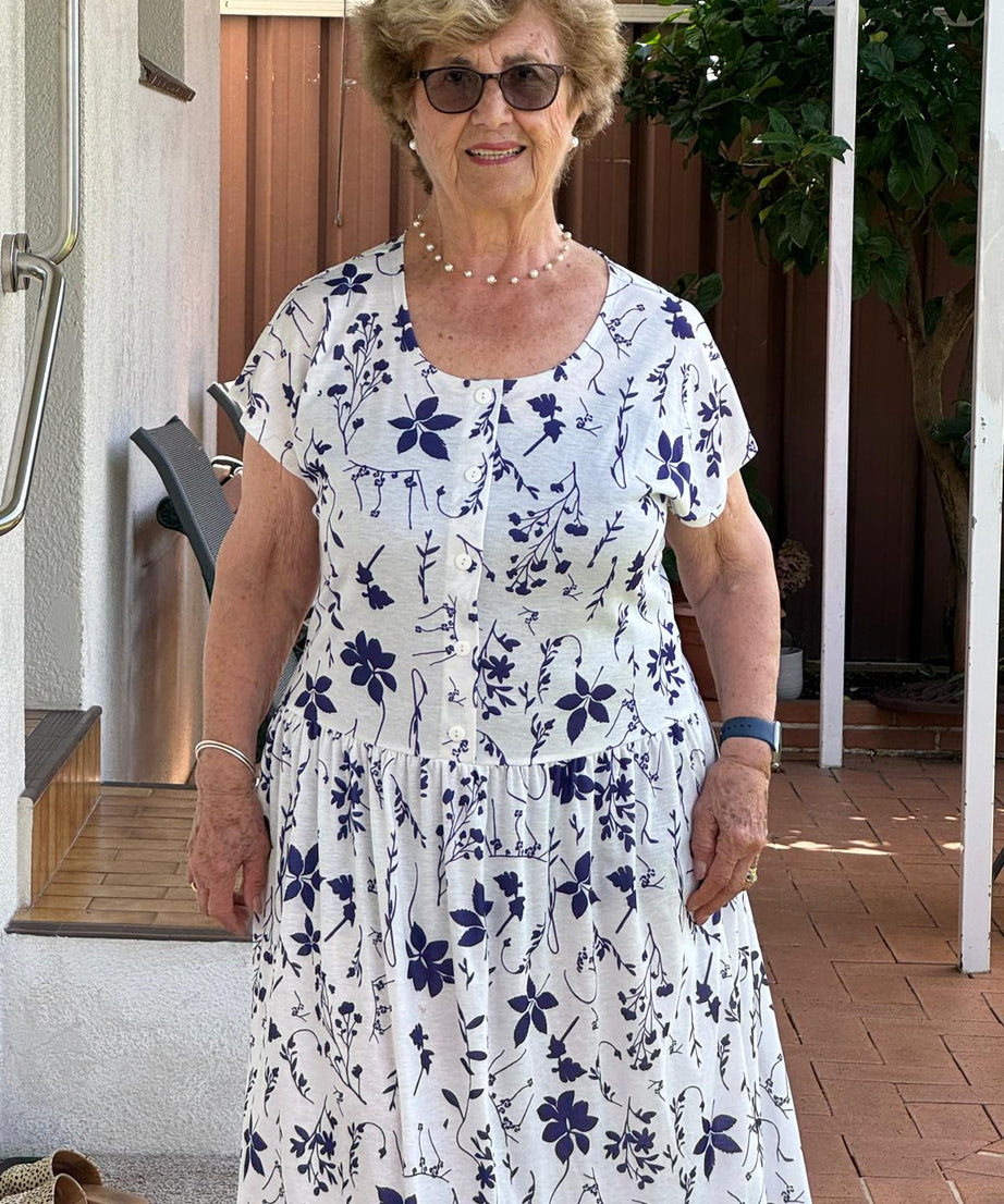 Blue Petal Drop Waist Dress with Short Sleeve