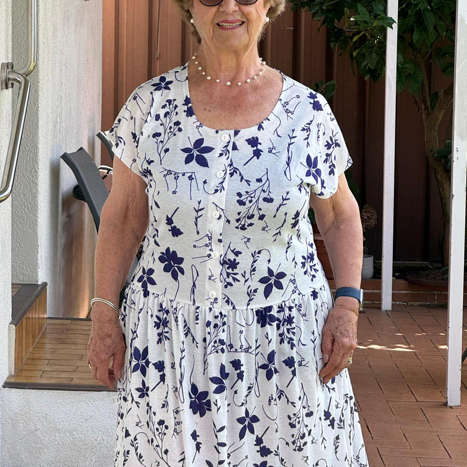 Blue Petal Drop Waist Dress with Short Sleeve