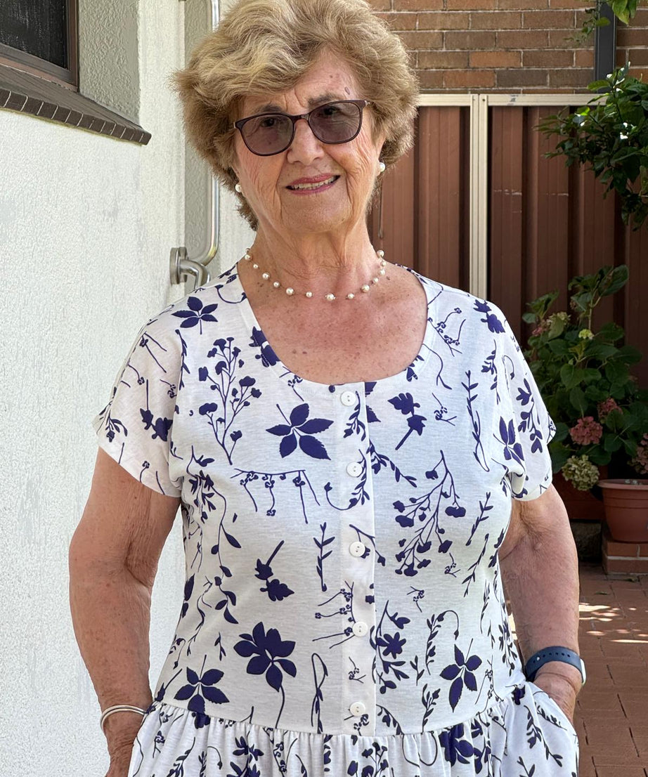 Blue Petal Drop Waist Dress with Short Sleeve