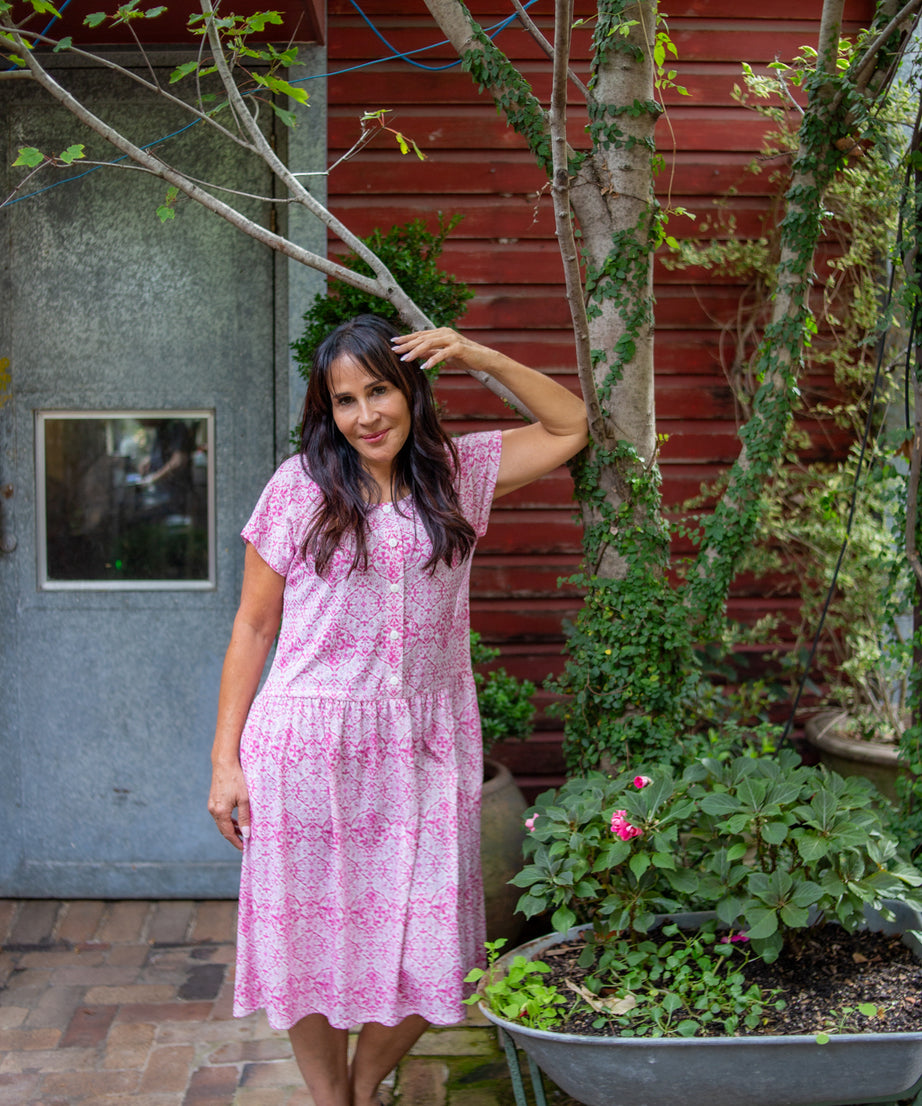 Portofino Pink Drop Waist Dress with Short Sleeve