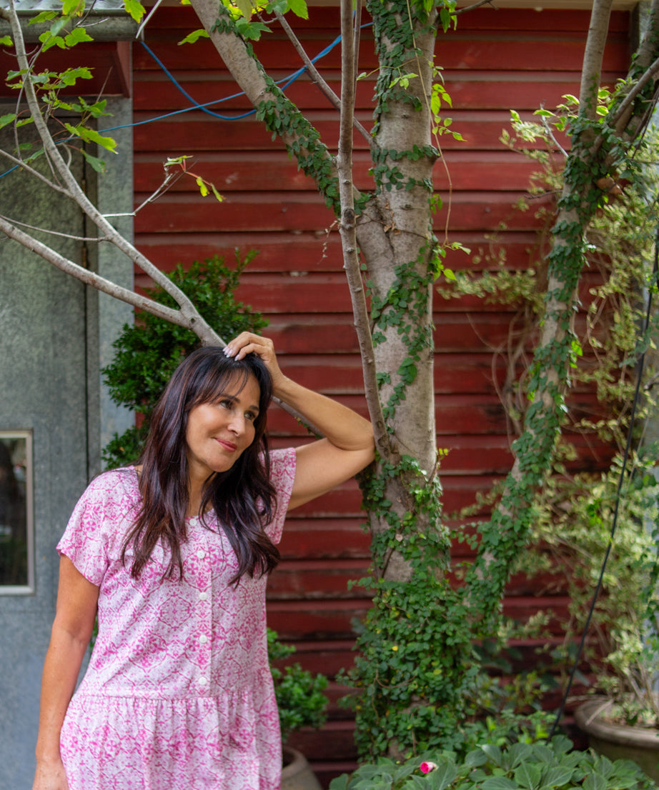 Portofino Pink Drop Waist Dress with Short Sleeve