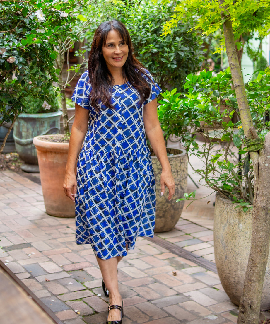 Niagra Navy Drop Waist Dress with Short Sleeves