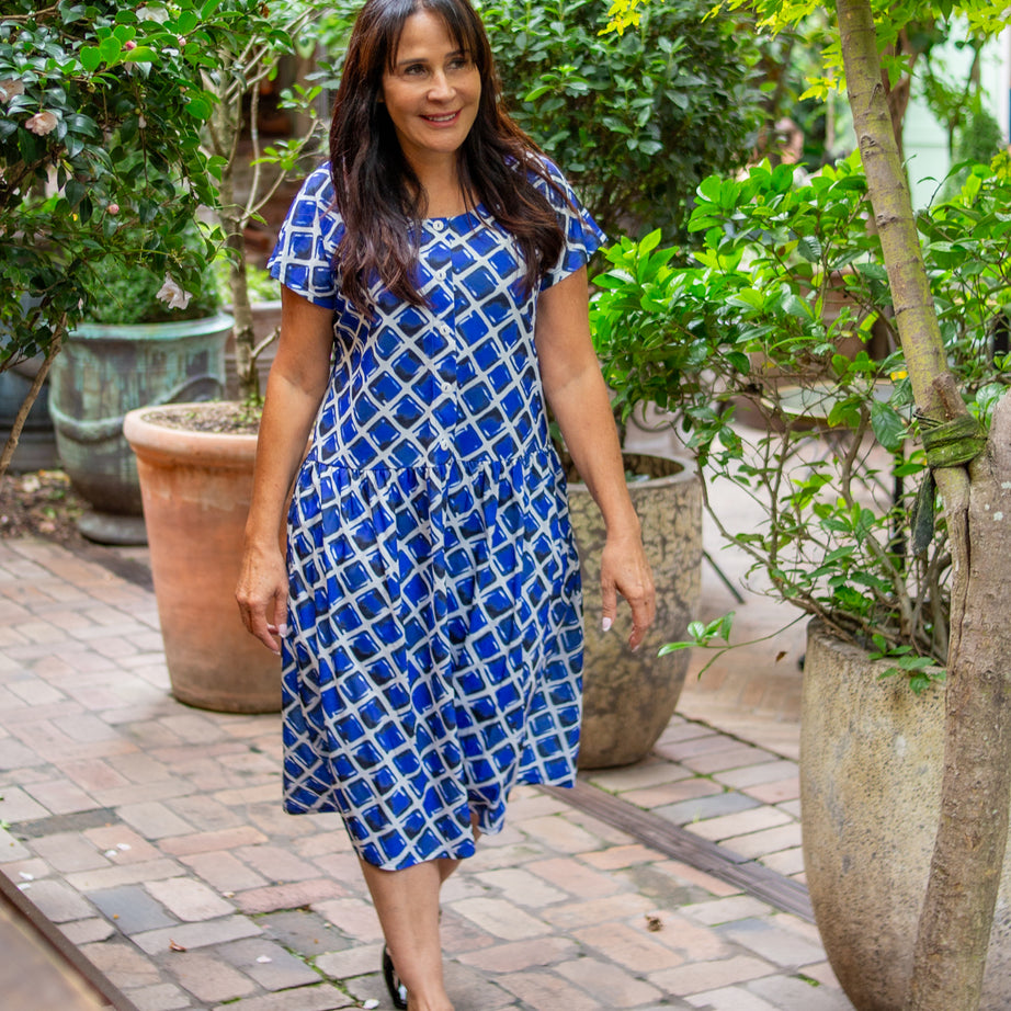 Niagra Navy Drop Waist Dress with Short Sleeves