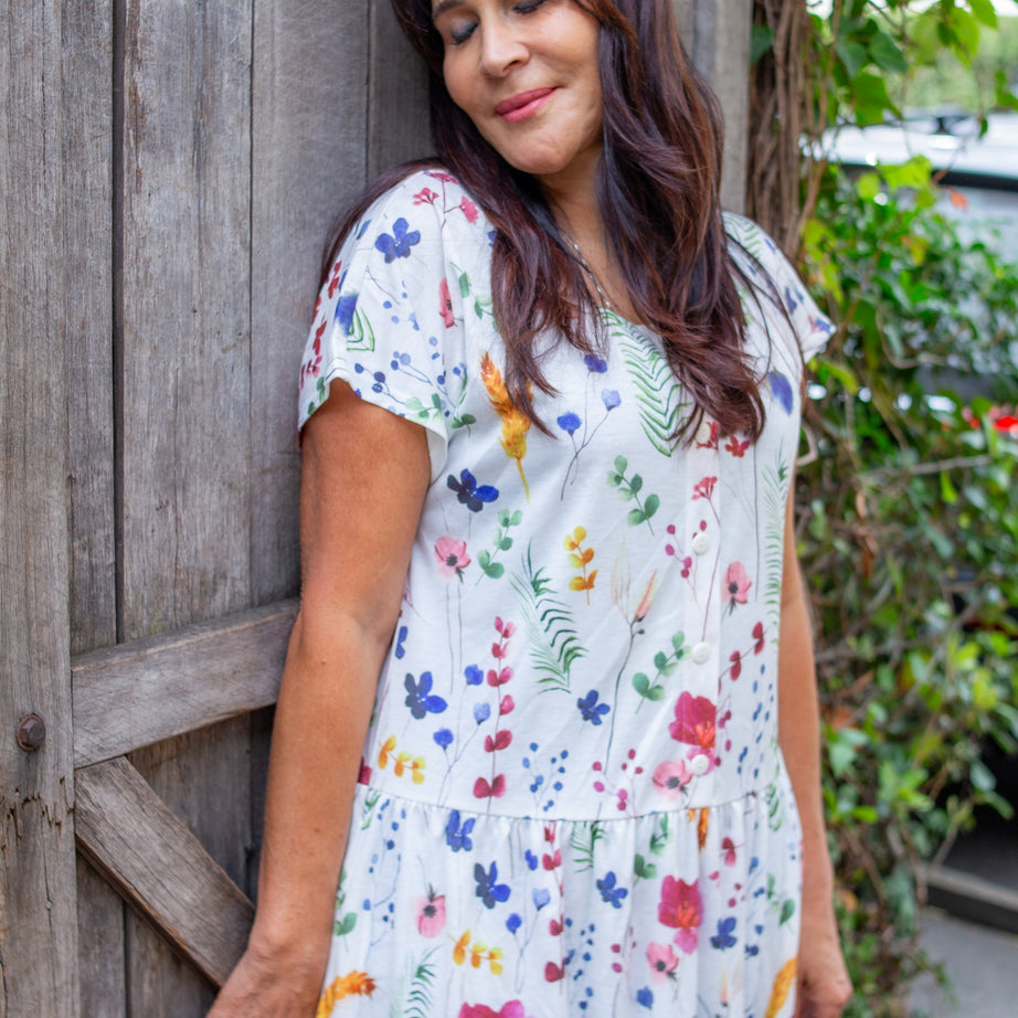 Florenze Flower Drop Waist Dress with Short Sleeve