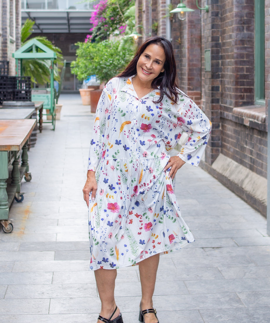 L/S Florenze Flower Drop Waist Dress with Long Sleeve