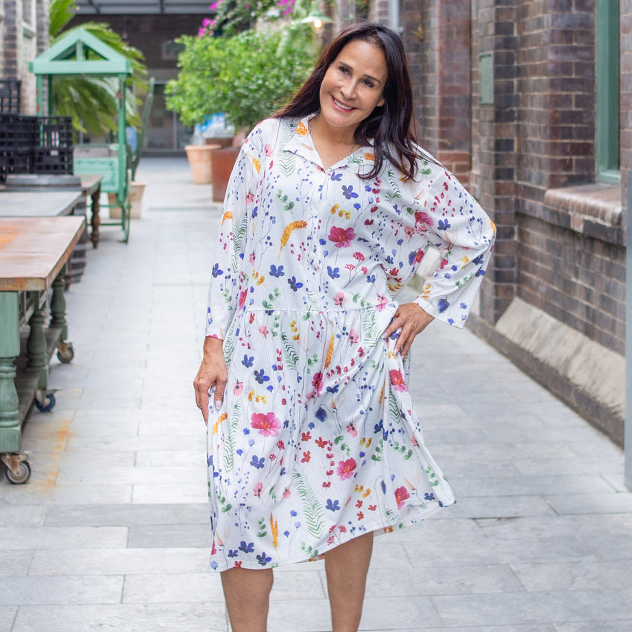 L/S Florenze Flower Drop Waist Dress with Long Sleeve
