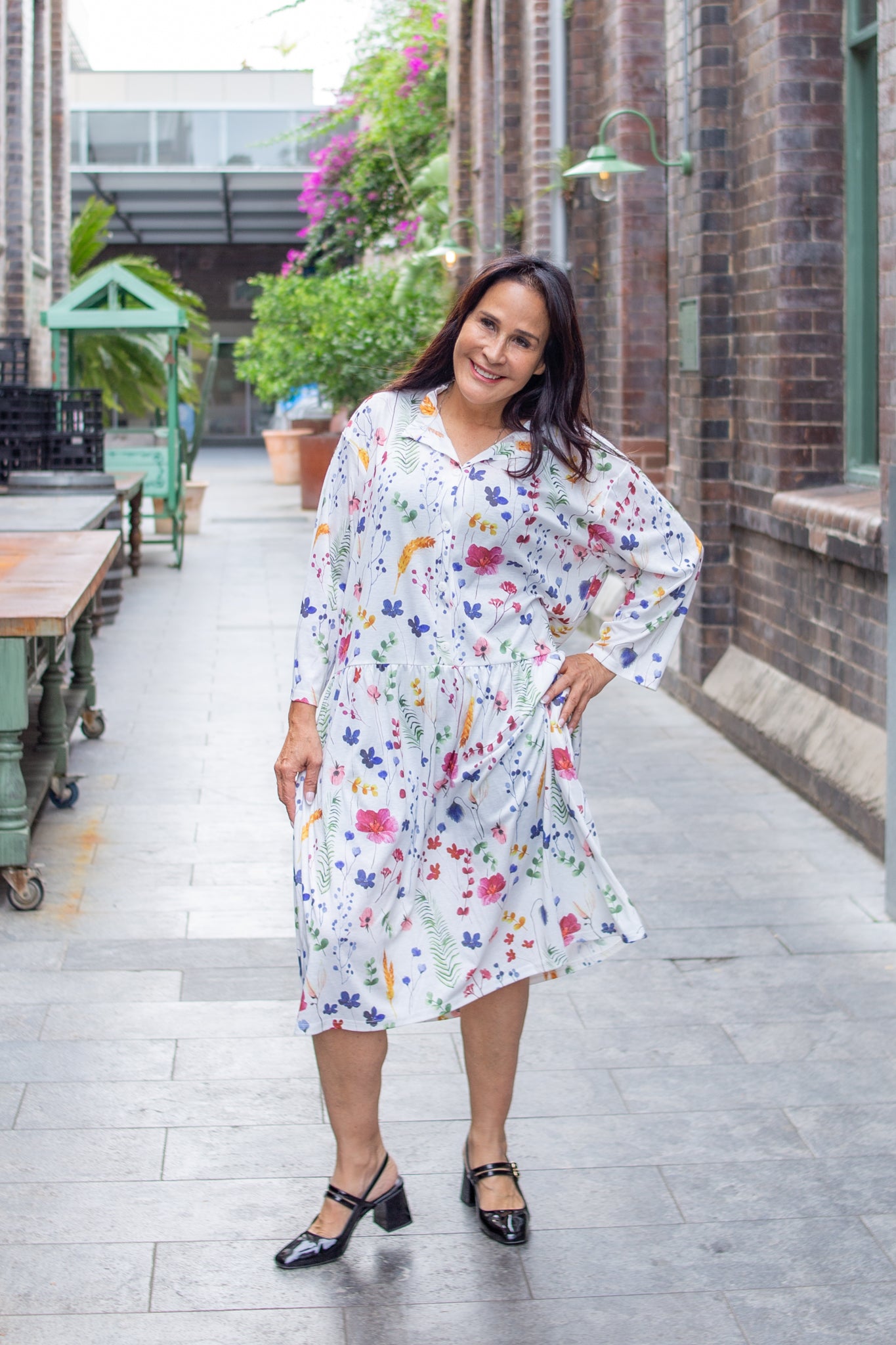 L/S Florenze Flower Drop Waist Dress with Long Sleeve