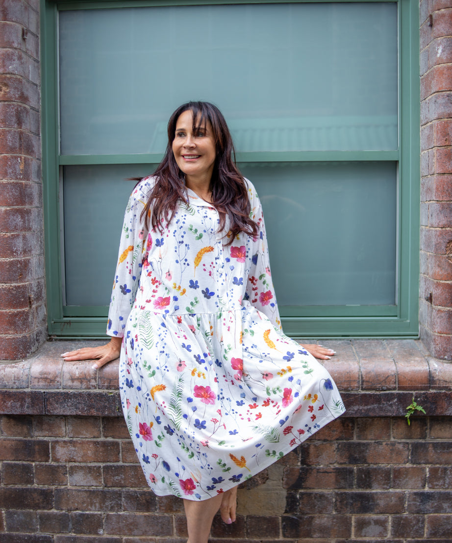 L/S Florenze Flower Drop Waist Dress with Long Sleeve