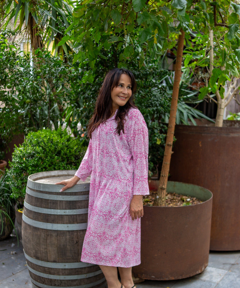 L/S Portofino Pink Drop Waist Dress with Long Sleeve