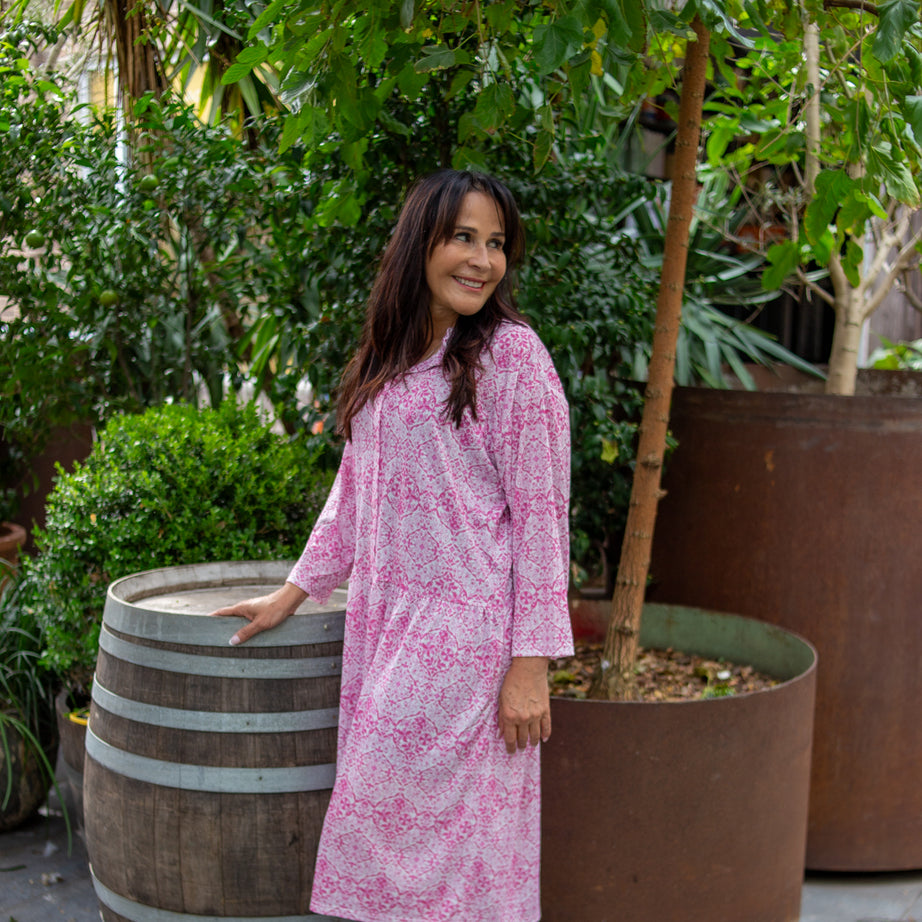 L/S Portofino Pink Drop Waist Dress with Long Sleeve