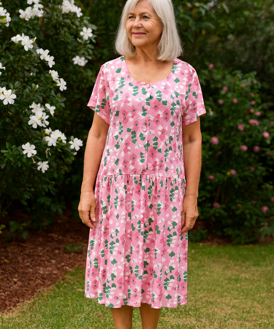 Pink Mosaic Drop Waist Dress with Short Sleeve