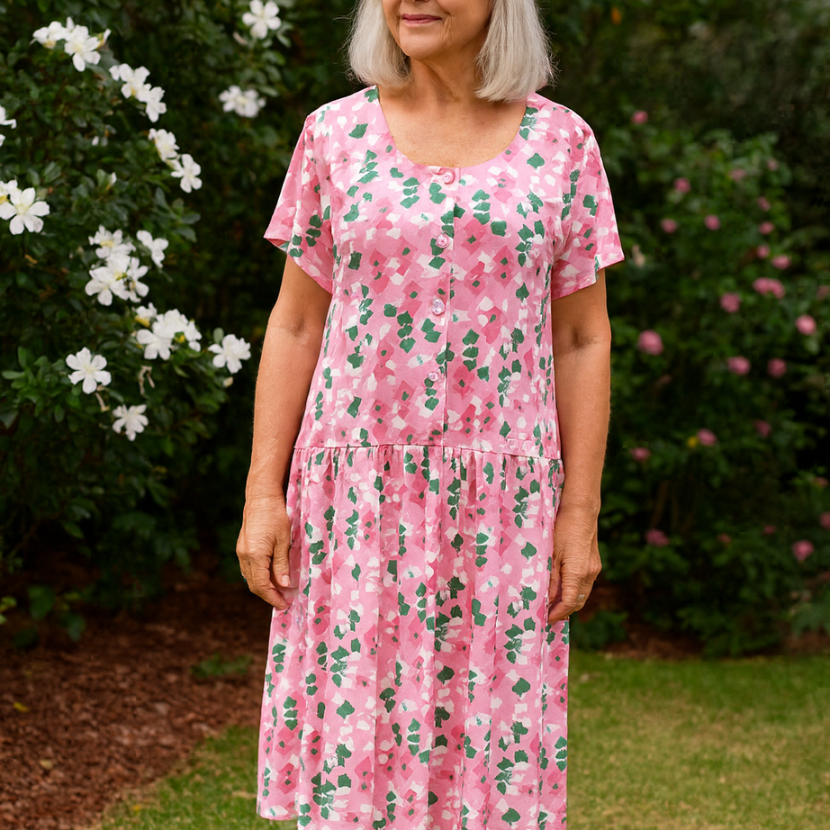 Pink Mosaic Drop Waist Dress with Short Sleeve