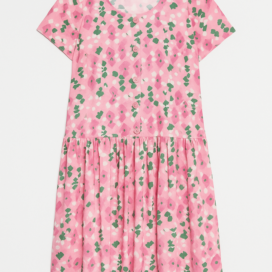 Pink Mosaic Drop Waist Dress with Short Sleeve