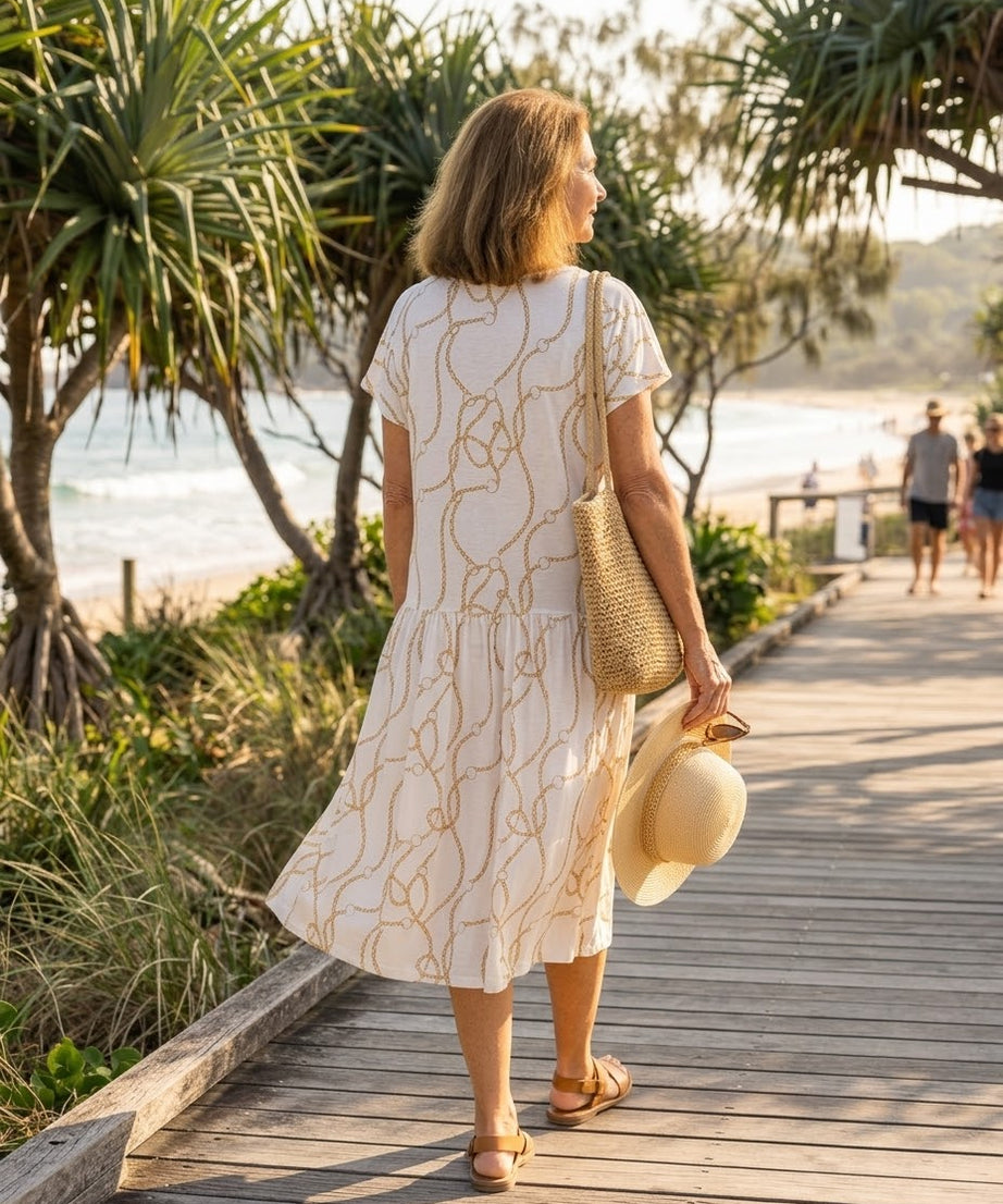 Gold Portofino Drop Waist Dress with Short Sleeve