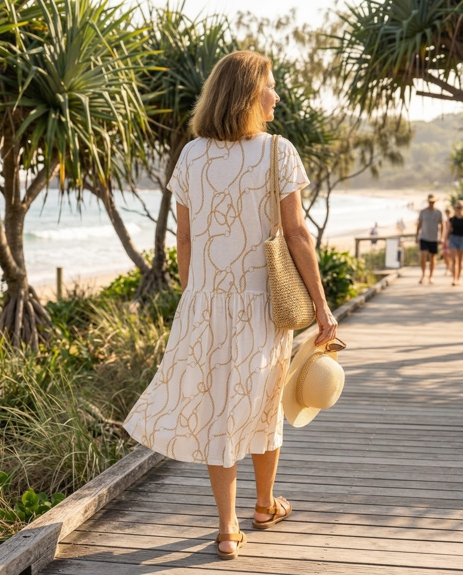 Gold Portofino Drop Waist Dress with Short Sleeve