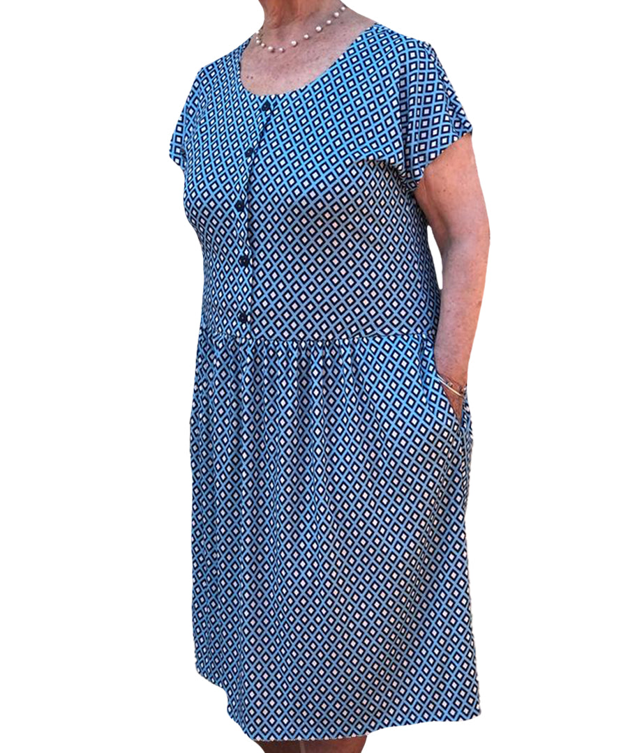 BEST SELLING! Geometric Print Easy On Easy Off Drop Waist Dress (with pockets) - Easy On Easy Off Products (inc NEW DROP WAIST DRESSES)