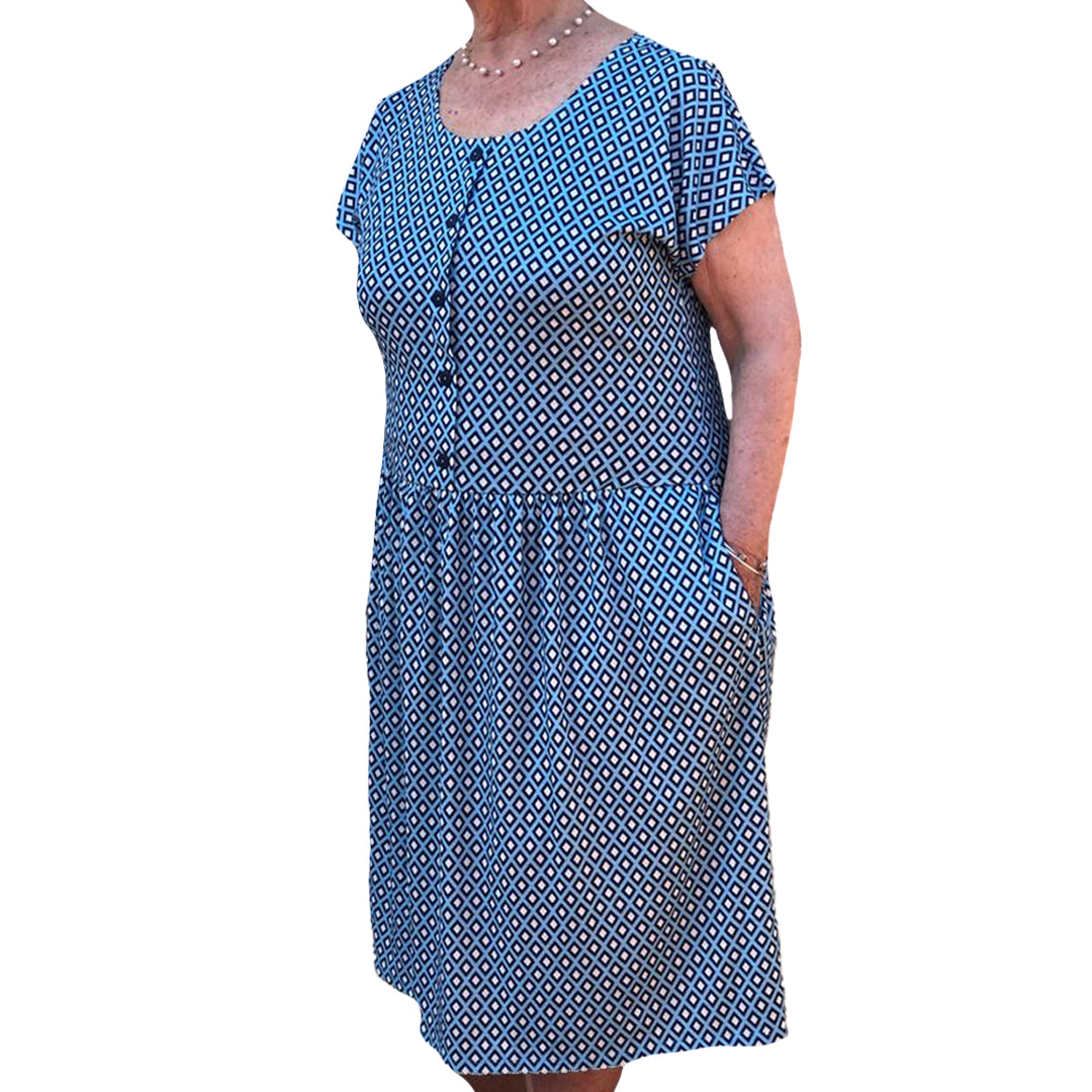 BEST SELLING! Geometric Print Easy On Easy Off Drop Waist Dress (with pockets) - Easy On Easy Off Products (inc NEW DROP WAIST DRESSES)