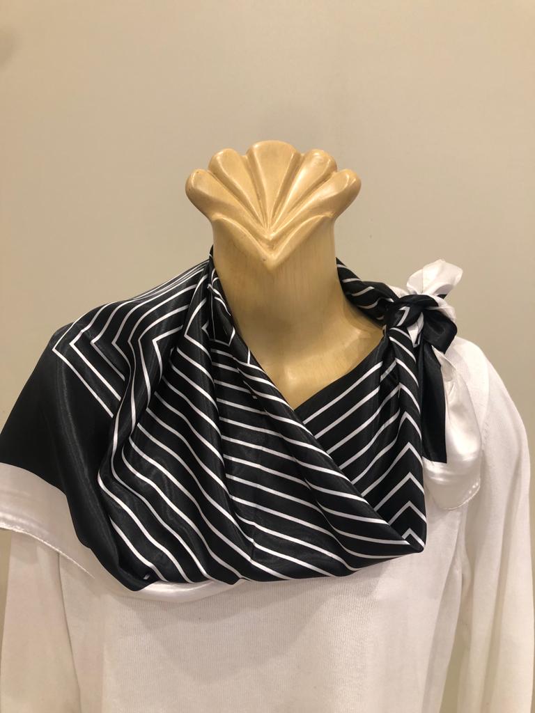 EOEO Black and White Geometric Stripe Silk Scarf