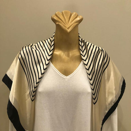 EOEO Cream and Black Geometric Stripe Silk Scarf