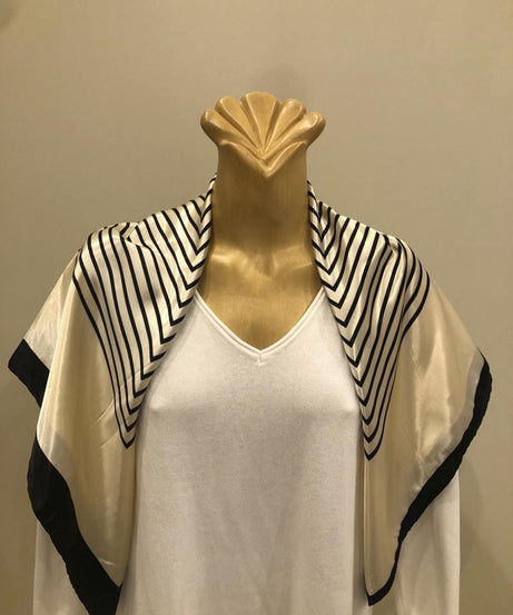 EOEO Cream and Black Geometric Stripe Silk Scarf