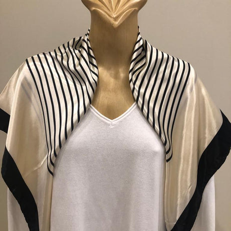EOEO Cream and Black Geometric Stripe Silk Scarf