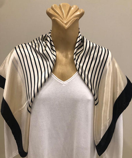 EOEO Cream and Black Geometric Stripe Silk Scarf