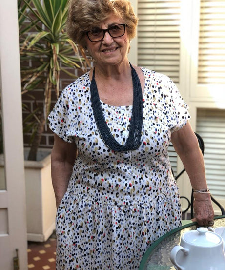 Multi Dot Drop Waist Dress With Short Sleeves & Pockets